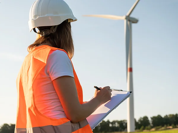 sustainability degree student with a clipboard standing in front of a windmill